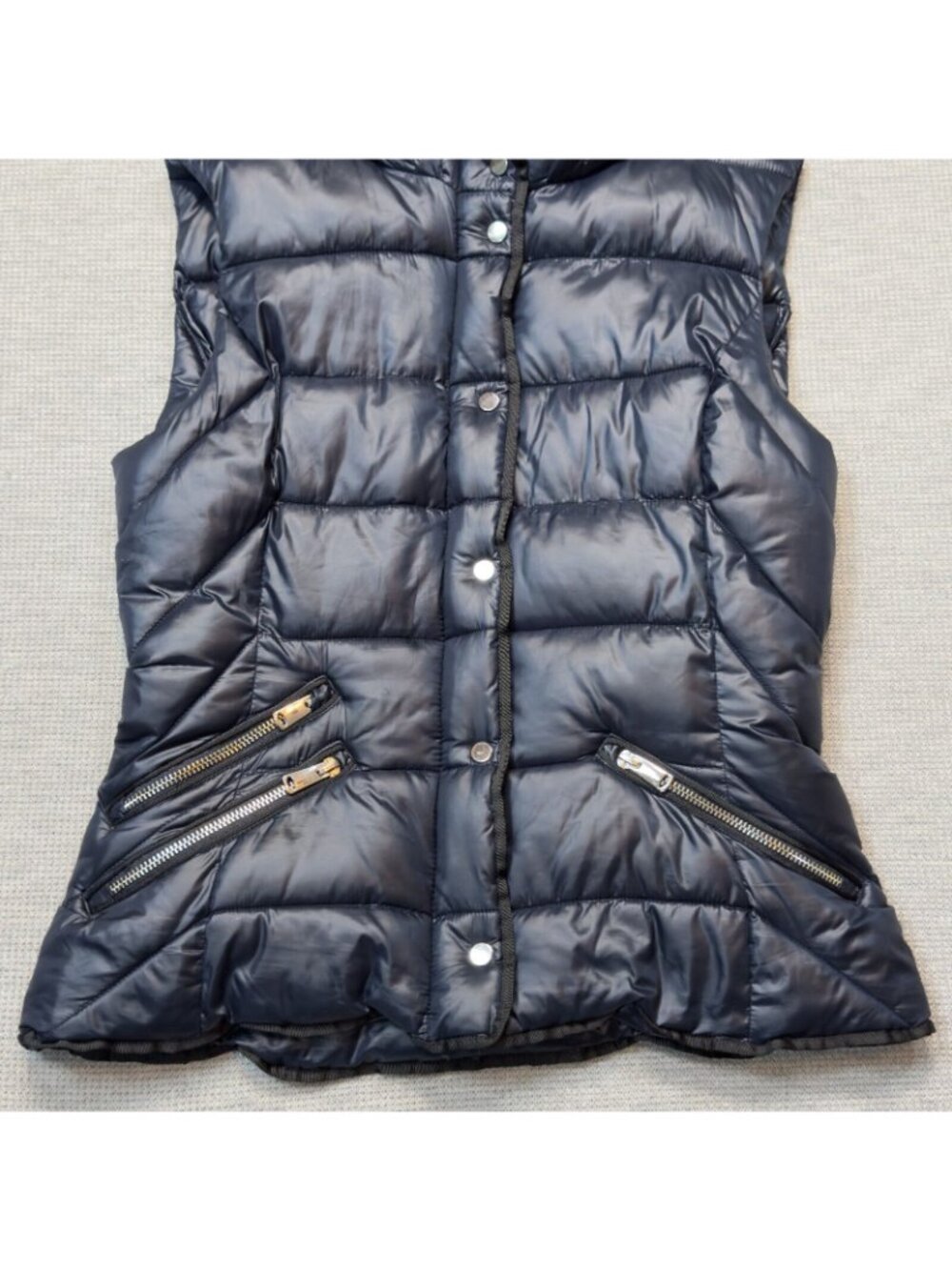 Zara Trafaluc Hooded Puffer Vest Womens Size S Blue Snap Zip Pockets Black Trim - Picture 9 of 16